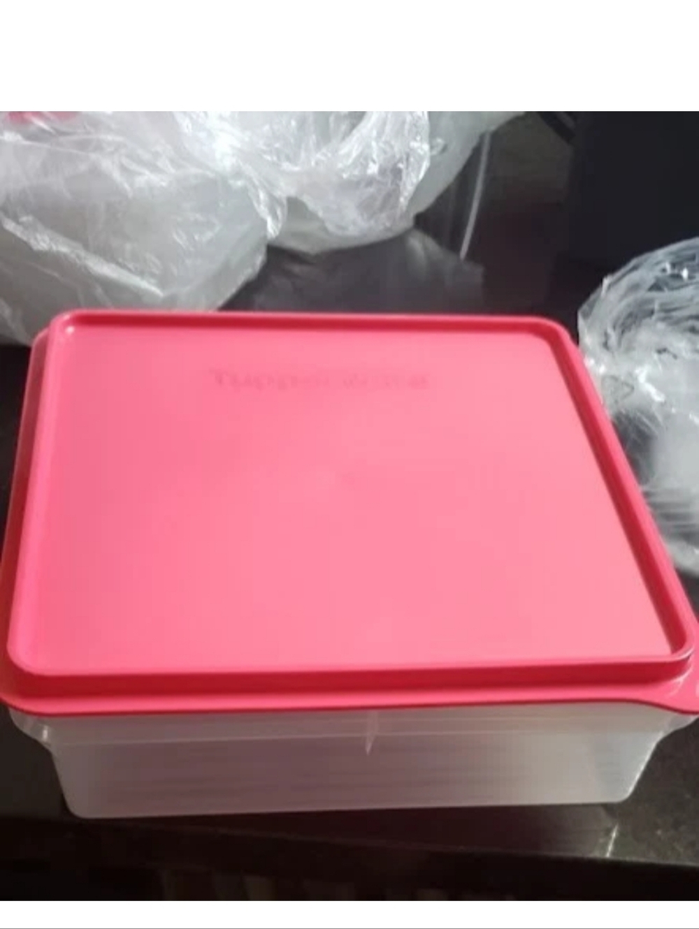 Tupperware Square Storage Container with Red Lid Clear Snack Store Cookies Food